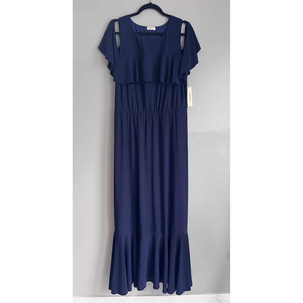 Kiyonna Maxi Dress Women 1X Navy Cold Shoulder Ruffle Tiered Formal Elegant NWT